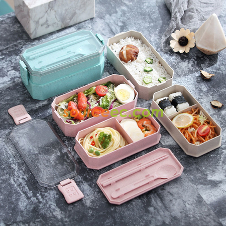 禮品訂造雙層飯盒塑膠可微波學生便當盒餐具套裝日式餐具紀念品