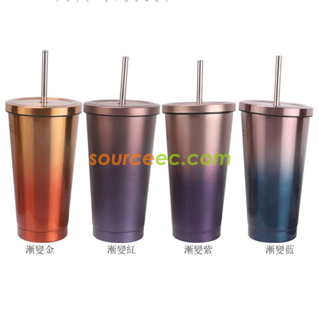 禮品訂造500ML 304雙層不銹鋼吸管杯時尚炫彩咖啡杯廣告禮品杯紀念品