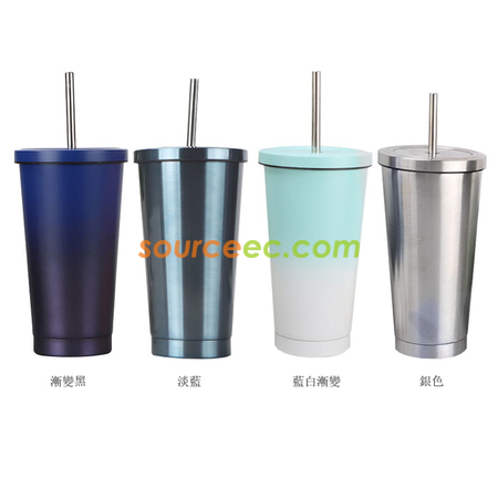 禮品訂造500ML 304雙層不銹鋼吸管杯時尚炫彩咖啡杯廣告禮品杯紀念品