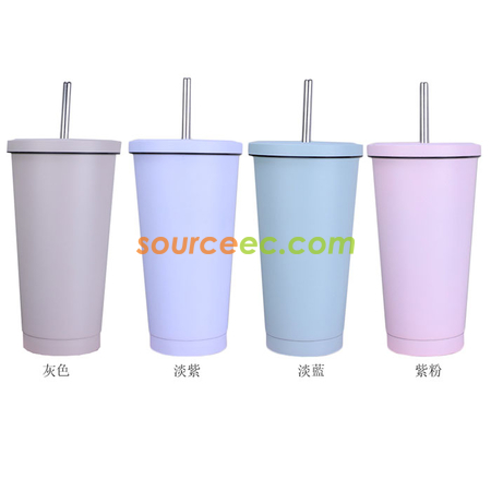 禮品訂造500ML 304雙層不銹鋼吸管杯時尚炫彩咖啡杯廣告禮品杯紀念品