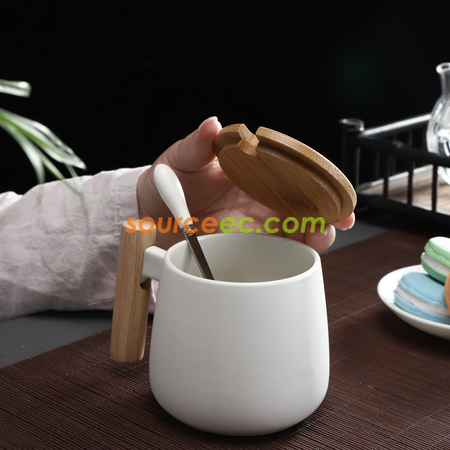 禮品訂造425ML木柄簡約水杯子陶瓷杯咖啡杯帶蓋勺紀念品