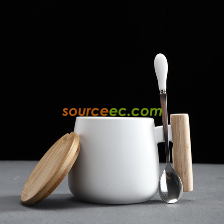 禮品訂造425ML木柄簡約水杯子陶瓷杯咖啡杯帶蓋勺紀念品