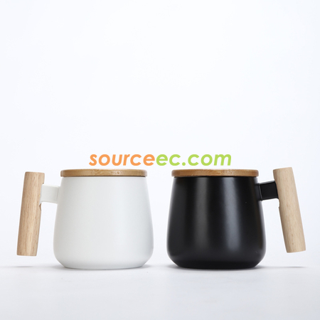 禮品訂造425ML木柄簡約水杯子陶瓷杯咖啡杯帶蓋勺紀念品