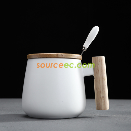 禮品訂造425ML木柄簡約水杯子陶瓷杯咖啡杯帶蓋勺紀念品