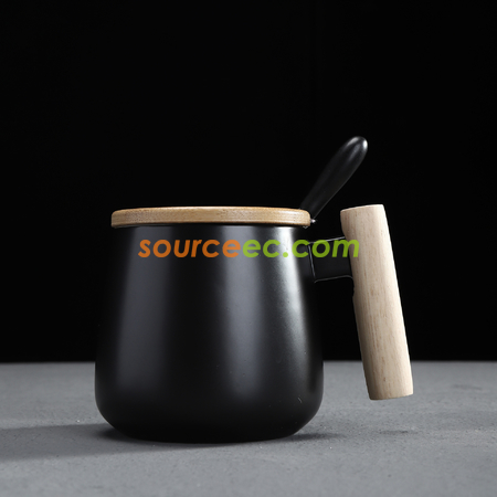禮品訂造425ML木柄簡約水杯子陶瓷杯咖啡杯帶蓋勺紀念品