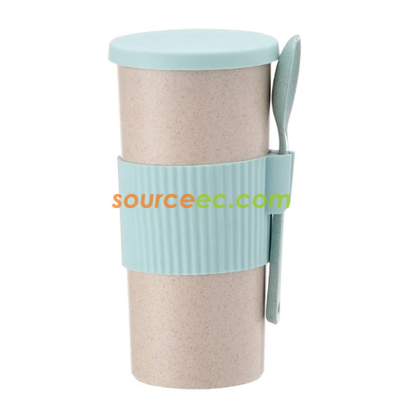 禮品訂造350ML 小麥秸稈纖維水杯帶調羹紀念品