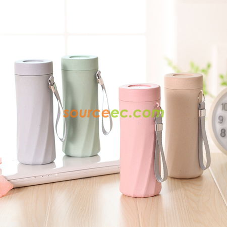 550ML 環保竹纖維加厚水杯清新運動掛繩杯辦公室簡約帶蓋茶杯