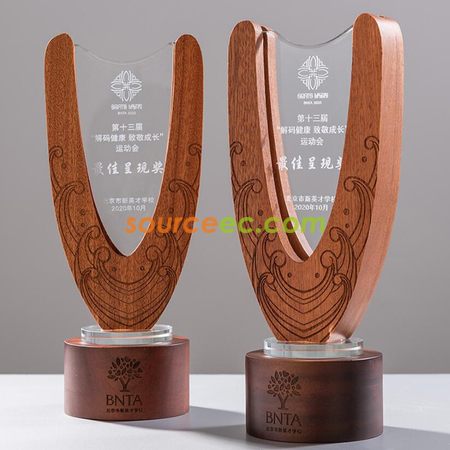 禮品訂造U型木質水晶獎座紀念品