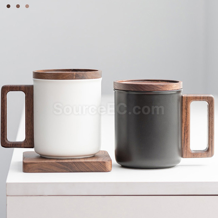 禮品訂造帶蓋木柄陶瓷杯紀念品