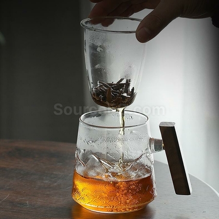 禮品訂造山海茶木柄玻璃泡茶杯紀念品