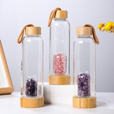 禮品訂造竹蓋天然水晶碎石養生玻璃杯紀念品