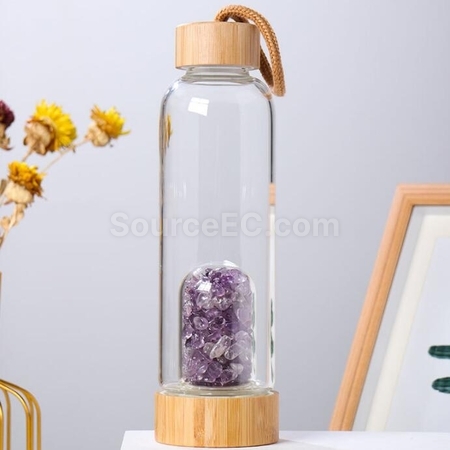 禮品訂造竹蓋天然水晶碎石養生玻璃杯紀念品