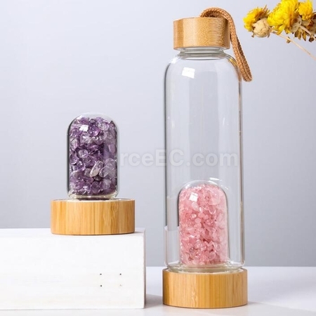禮品訂造竹蓋天然水晶碎石養生玻璃杯紀念品