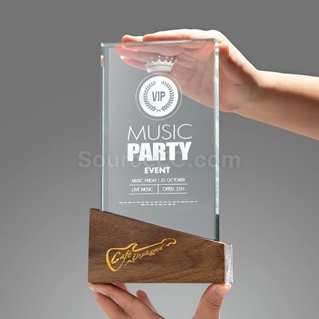 禮品訂造實木方體水晶獎座紀念品