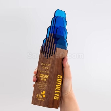 禮品訂造雲頂之巔實木水晶獎座紀念品