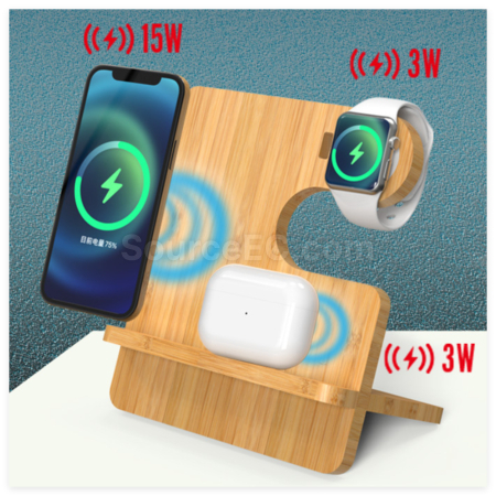 禮品訂造竹木三合一無線充電座紀念品