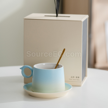 禮品訂造漸變木柄陶瓷咖啡杯禮盒紀念品