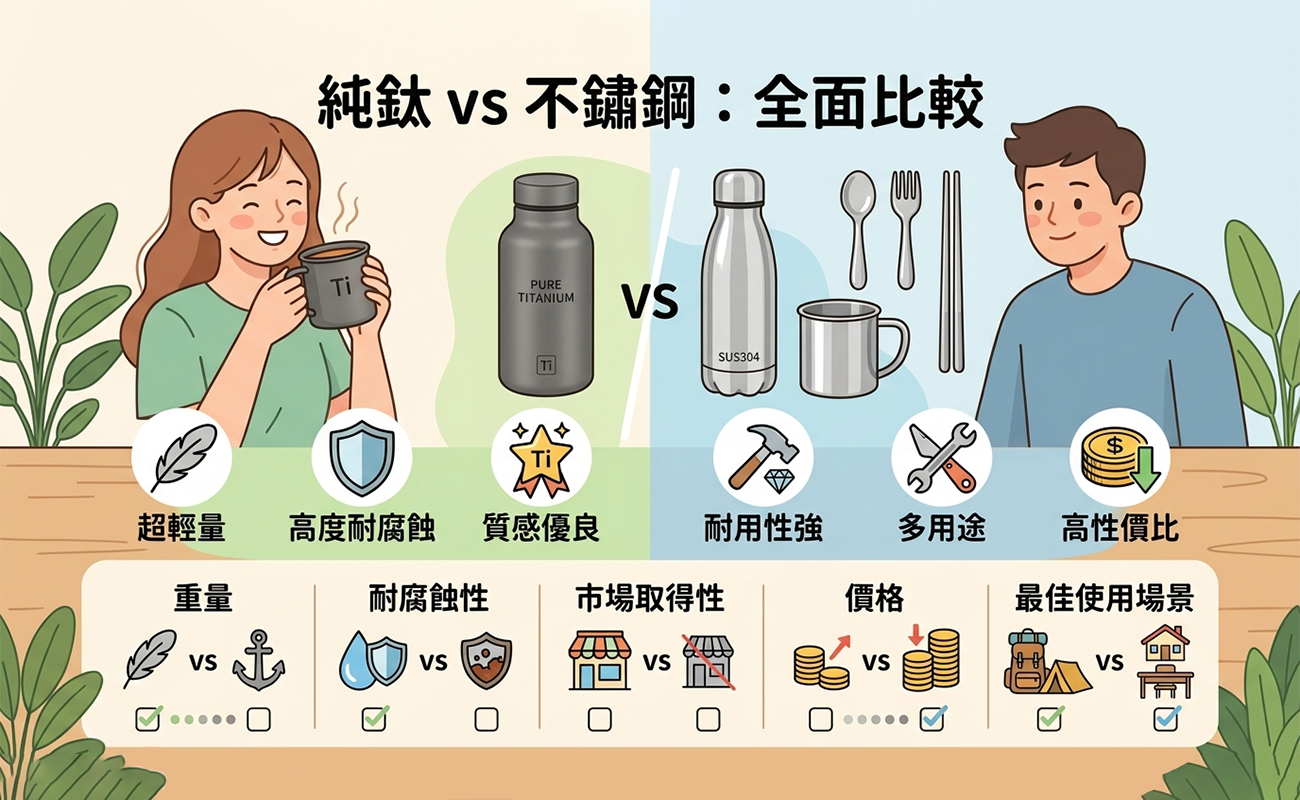 純鈦, 純鈦杯, 純鈦餐具, 不鏽鋼, 不鏽鋼杯, 不鏽鋼餐具, 純鈦vs不鏽鋼, 鈦杯, 鈦餐具, 水杯材質, 餐具材質, 戶外餐具, 企業禮品, 客製化水杯, 客製化餐具